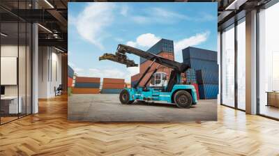 Logistics import export background and transport industry of forklift handling container box loading at seaport Wall mural