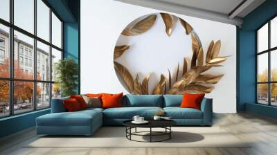 top view of golden tropical leaves on white round background Wall mural