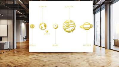 solar system planets. Astronomical observatory small planet pluto, venus mercury earth moon neptune uranus meteor crater and star universe astronaut sign. Astronomy galaxy space vector isolated Golden Wall mural