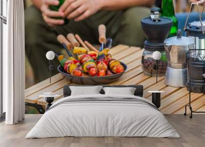 barbeque and coffee equipment on table camping picnic. dinner summer party lifestyle. party weekend. Wall mural