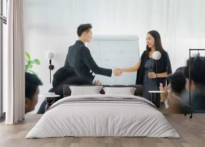 businessman and businesswoman handshake agreement success connection partnership together. teamwork successful. Wall mural