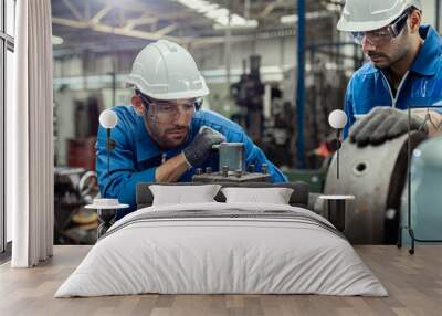 Engineer men wearing uniform safety in factory working machine lathe metal. Wall mural