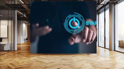 Hand point finger press start button. beginning goal new target. click control success business digital. Wall mural