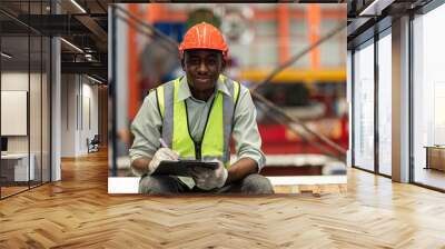 Happy male african american workers wear red helmet working take notes on paperwork sitting in factory. Heavy Industrial manufacture workplace. Wall mural