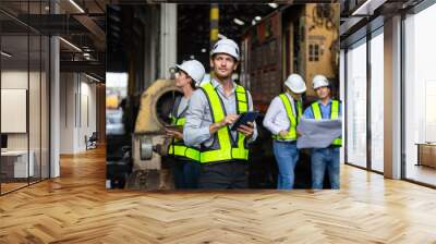 Portrait man railway technician engineer wearing safety uniform and safety helmet holding tablet standing at site railroad station with teamwork background. Wall mural