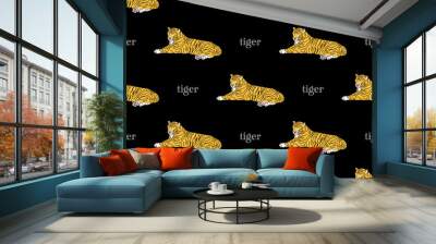 Tiger cartoon character seamless pattern on black background Wall mural