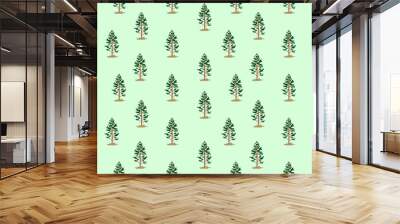 Tree cartoon character seamless pattern on green background.Pixel style Wall mural