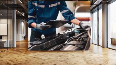 Car care maintenance and servicing, Hand technician auto mechanic checking inspection list after fix or repairing change spare part car engine problem and car insurance service support assistance. Wall mural