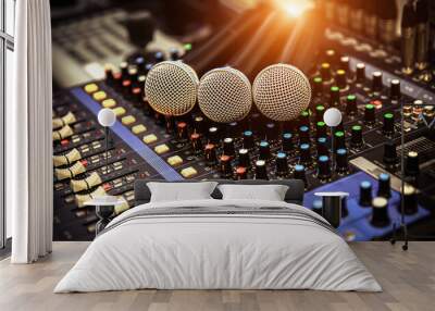 Close-up microphone and sound mixer in studio for sound record control system and audio equipment and music instrument Wall mural