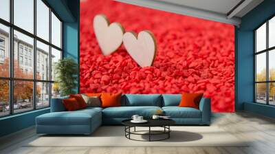 Close-up two hearts for love symbol on a red sand background. Concept the day of love 14 February happy valentine's day. Wall mural