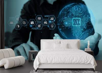 Hand and virtual AI technology analyzing for brain digital system development or big data knowledge learning innovation or future digital transformation and strategy for business management. Wall mural