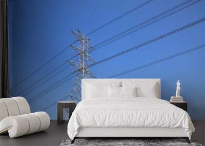 High-voltage transmission tower and electricity voltage wiring cable with sky background. Wall mural