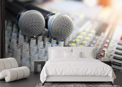 Microphones on the sound mixer in the studio for recording, editing, and Sound system control concept. Wall mural