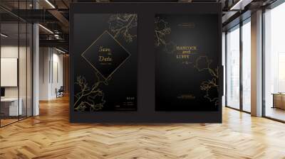  Dark background with gold floral wedding invitation card template. Wall mural