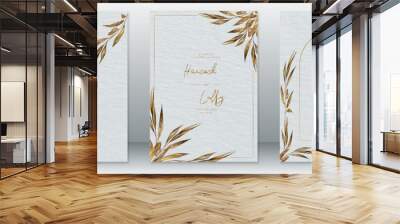 wedding invitation card template luxury of golden design with dry leaf, gold frame and watercolor te Wall mural