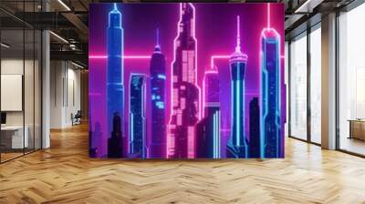 Futuristic digital city skyline with neon lights background for invitation or card screensaver Wall mural