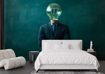 A creative representation of individuality and innovation, featuring a businessperson with a light bulb for a head. Wall mural