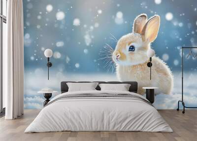 A cute rabbit sits in soft snow, surrounded by gently falling snowflakes, creating a serene, wintery atmosphere. Wall mural