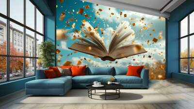 A magical open book with golden confetti against a vibrant sky, symbolizing creativity and imagination in literature. Wall mural