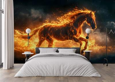 A majestic horse galloping through flames, symbolizing power and freedom against a dramatic dark backdrop. Wall mural