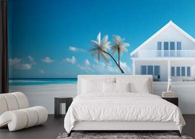 A modern white beach house surrounded by palm trees on a sunny day with a clear blue sky and calm ocean waves. Wall mural