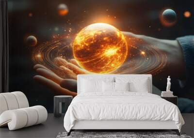 A person holds a glowing, vibrant planet between their hands, surrounded by swirling cosmic elements. Wall mural