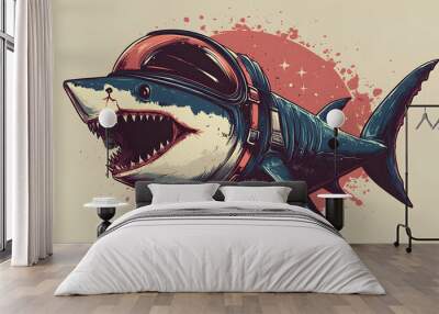 A quirky illustration of a shark wearing a space helmet, ready for underwater adventures, with a playful background. Wall mural