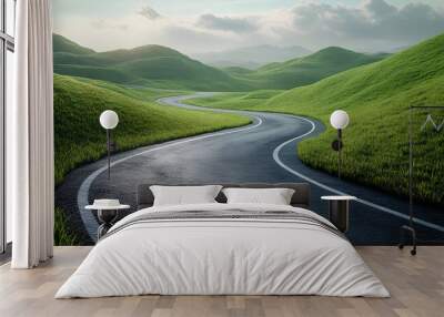 A serene winding road surrounded by lush green hills under a cloudy sky, perfect for nature and travel themes. Wall mural