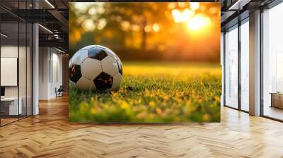 A soccer ball rests on green grass at sunset, capturing the essence of outdoor play and sports during the golden hour. Wall mural