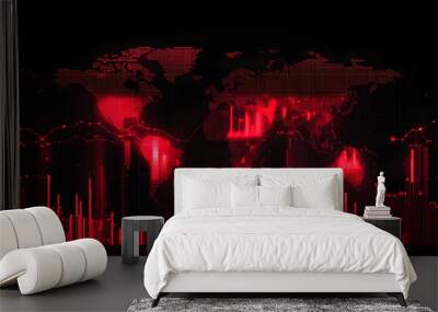 A striking red world map overlayed with data visualizations, perfect for illustrating global trends and statistics. Wall mural