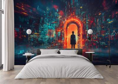 A surreal scene of a figure standing before a glowing portal, surrounded by vibrant digital landscapes and abstract lights. Wall mural