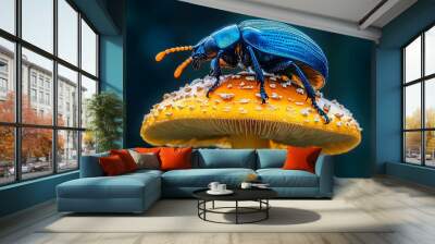 A vibrant blue beetle perched on a bright orange mushroom, showcasing nature's colorful beauty in a detailed macro shot. Wall mural