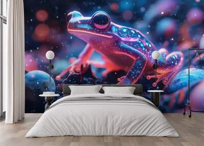 A vibrant digital illustration of a glowing frog amidst a whimsical environment, showcasing colors and textures in stunning detail. Wall mural