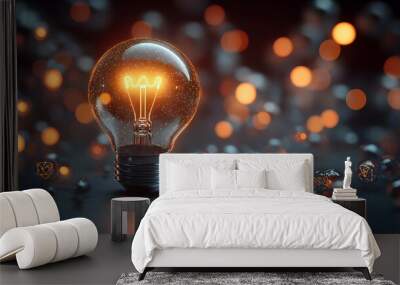 A vibrant light bulb glowing, surrounded by subtle bokeh effects, symbolizing creativity and inspiration. Wall mural