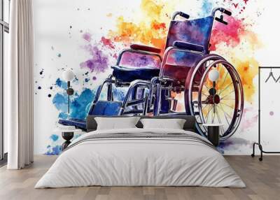 A vibrant watercolor illustration of a wheelchair, symbolizing mobility and accessibility in modern design. Wall mural