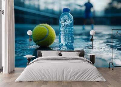 A vibrant yellow tennis ball and a water bottle on a wet court, emphasizing hydration and sports activities. Wall mural