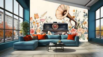 A vintage gramophone surrounded by vibrant flowers, blending nostalgia with beauty for a perfect artistic touch. Wall mural