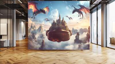 A virtual reality scene featuring a castle and flying dragons set against a colorful sky. Wall mural