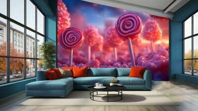 A whimsical landscape of colorful lollipops against a vibrant sky, inviting sweet nostalgia and joy. Wall mural