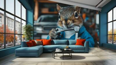 A whimsical squirrel in a blue mechanic outfit, holding a wrench, inside a garage setting with a car in the background. Wall mural