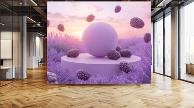 Abstract sphere surrounded by lavender plants at sunset, showcasing a tranquil and creative atmosphere. Wall mural