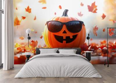 Cheerful pumpkin wearing sunglasses among autumn leaves, capturing the playful spirit of Halloween festivities in a vibrant setting. Wall mural