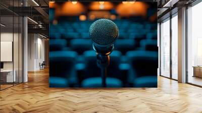 Close-up of a microphone in an empty theater, highlighting the anticipation of performance and communication. Wall mural