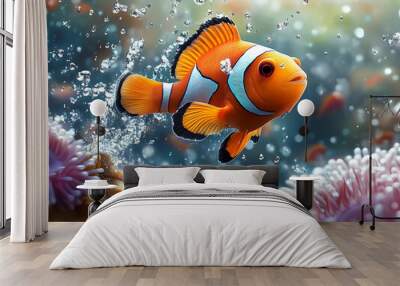 Colorful clownfish swimming gracefully among vibrant coral in a beautiful underwater scene. Wall mural