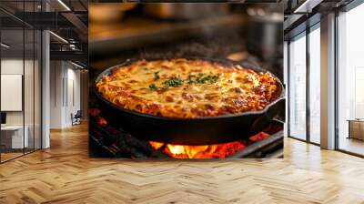 Delicious baked pasta dish in a cast iron skillet, steaming and golden brown, ready to enjoy. Wall mural