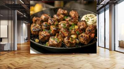 Delicious grilled meat cubes garnished with herbs, served hot in a skillet, perfect for a mouthwatering meal. Wall mural