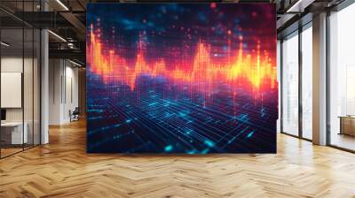 Dynamic digital sound wave visualization in vibrant colors, representing audio data and technology in a modern design. Wall mural