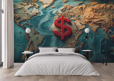 Red dollar sign symbolizing finance and global economy on a textured world map. Wall mural