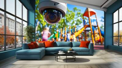 Security camera monitoring children playing in a vibrant playground on a sunny day. Wall mural