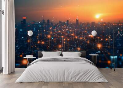 Stunning city skyline at sunset, showcasing a network of lights and connections. Perfect for tech and urban themes. Wall mural